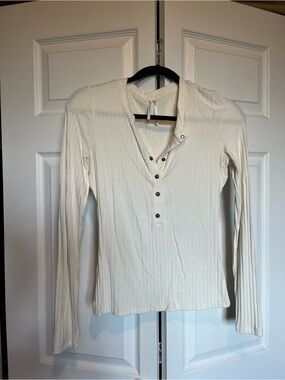 Anthropologie Cream Ribbed Henley Long-Sleeve Top